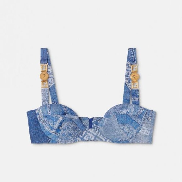 Fendace Fendi Versace Denim Bra Bustier Bralette Blue Patchwork Buckle Crop Top - Picture 1 of 11